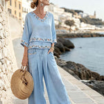Women'S Casual V-Neck Printed Wide-Leg Pants Set