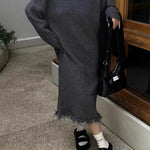 High Waisted Long Sleeves Fringed Solid Color Round-Neck Midi Dresses Sweater Dresses