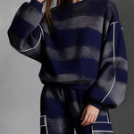 Long Sleeves Loose Contrast Color Line Split-Joint Striped Round-Neck Sweatershirt