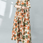 Half Sleeves Loose Pleated Printed Split-Joint Round-Neck Midi Dresses