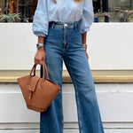 French ruffled stand-up collar loose lantern sleeve Tencel shirt