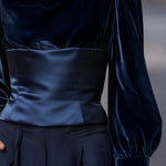 Velvet Draped Long-Sleeve Top With Sculpted Waist