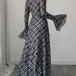 A-Line Flared Sleeves Contrast Color High-Waisted Plaid Square-Neck Maxi Dresses