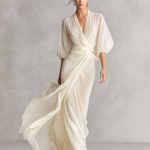 Women's Ivory Sheer Chiffon Dress With Puff Sleeves & Wrap Detail, Timeless Romantic-Luxe Style Dress