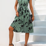 High Waisted Sleeveless Abstract Printed Contrast Color Pleated Polka-Dot Split-Joint Tied Waist Round-Neck Midi Dresses
