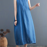 A-Line Loose Buttoned Pleated Solid Color Round-Neck Midi Dresses