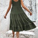 Loose Sleeveless Buttoned Solid Color Tiered Round-neck Midi Dresses