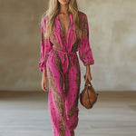 Casual Loose Rose Red Chiffon Leopard Print Long-Sleeved Jumpsuit