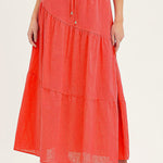 Solid color cotton and linen elastic waist pleated skirt