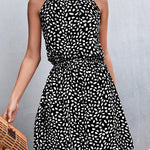 A-Line High Waisted Elasticity Leaves Print Pleated Halter-Neck Mini Dresses