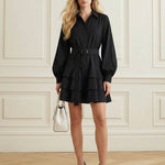Bodycon Elasticated Waist Belted Buttoned Layered Solid Color Split-Joint Mini Dresses Shirt Dress