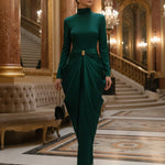 Long Sleeves Buckle Draped High-Neck Evening Dresses Maxi Dresses