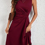 A-Line High Waisted Asymmetric Pleated Solid Color Split-Joint Round-Neck Midi Dresses