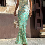 Tie Dye Ombre Gold Floral Print Sexy Strappy Maxi Dress