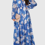 High Waisted Long Sleeves Flower Print Pleated Ruffled V-Neck Maxi Dresses