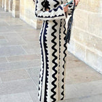 High Waisted Long Sleeves Hollow Printed Round-Neck Maxi Dresses