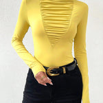 Long Sleeves Skinny Pleated Solid Color Split-Joint High Neck T-Shirts Tops