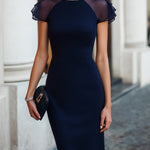 Elegant Navy Blue Sheath Dress With Sheer Flutter Sleeves