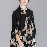 Original Crane Printed Buttoned Stand Collar Half Sleeves Blouse