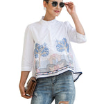 Casual Three-Quarter Sleeves Loose Embroidered Stand Collar Blouses&Shirts Tops