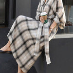Long Sleeves Loose Plaid Split-Joint Tied Waist Lapel Maxi Dresses Shirt Dress
