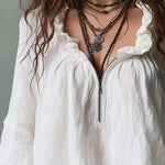 Vintage Zippered Pleated Neck Ruffle Cuffs Blouse