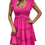 Loose Sleeveless Ruffle Trim Solid Color Split-Joint Deep V-Neck Mini Dresses