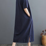 A-Line Loose Chinese Frog Buttons Pockets Solid Color Split-Side V-Neck Midi Dresses