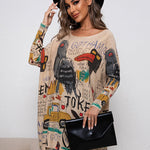 Casual Long Sleeves Loose Cartoon Printed Contrast Color Round-Neck Sweater Tops
