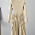 Stylish Long Sleeves High Waisted Pleated Solid Color Half Turtleneck Sweater Dresses