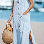 Cotton And Linen Sleeveless Solid Loose V-neck Maxi Dress