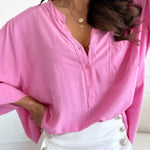 V Neck Button Roll Sleeve Patch Pocket Loose Straight Long Sleeve Shirt