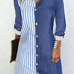 Long Sleeves Loose Asymmetric Split-Joint Striped Lapel Mini Dresses Shirt Dress
