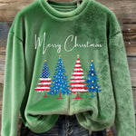 Women's Patriotic Christmas Tree With American Flag Colors Print Round Neck Sweatshirt