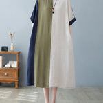Half Sleeves Loose Contrast Color Round-Neck Midi Dresses