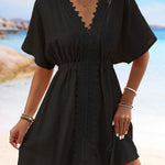 Batwing Sleeves Loose Elasticity See-Through Split-Joint V-Neck Mini Dresses