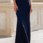 Navy Halter Ruched Column Maxi Dress