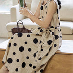 Loose Sleeveless Contrast Color Pleated Polka-Dot Split-Joint Tied Waist Round-Neck Midi Dresses