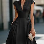 Cap-Sleeve Deep V-Neck Pleated Midi Dress