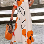 Long Sleeves Loose Floral Printed Split-Joint Lapel Maxi Dresses Shirt Dress