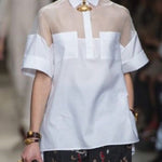 Short Sleeves See-Through Solid Color Split-Joint Lapel Blouses&Shirts Tops