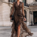 Leopard Print Wrap Midi Dress With Ruffled Hem