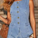 Denim Button Sleeveless Vest & Wide Leg Jeans 2Pcs Set