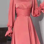 A-Line Long Sleeves Pleated Solid Color Tied Waist Zipper Mock Neck Maxi Dresses
