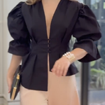High-Low Puff Sleeves Asymmetric Buttoned Solid Color Deep V-Neck Blouses&Shirts Tops