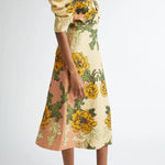Flower Vine Linen Blend Unique Print Twist Cutout Neck Puff Sleeve Midi Dress