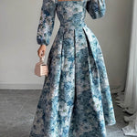 A-Line High Waisted Contrast Color Flower Print Pleated Split-Joint Square-Neck Maxi Dresses