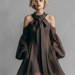 Women's Chocolate Brown Chiffon Dress With Tie-Neck & Cold-Shoulder Puff Sleeves, Timeless Romantic-Edgy Style Dress