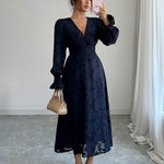 A-Line Elasticated Waist Jacquard Leaves Print Ruffled Solid Color Split-Joint Deep V-Neck Midi Dresses