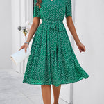 A-Line Elasticated Waist Contrast Color Polka Dot Split-Joint Tied Waist Round-Neck Midi Dresses